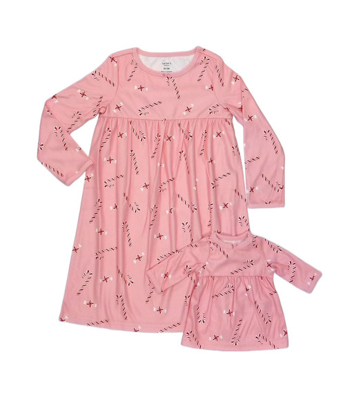 Girls Peppermint Candy Canes Pink Christmas Holiday Nightgown and Doll Gown Set | Little Dreamers Pajamas
