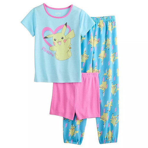 Girl's Pokemon Pickachu 3-Piece Short-Sleeved Character Pajama Set | Little Dreamers Pajamas