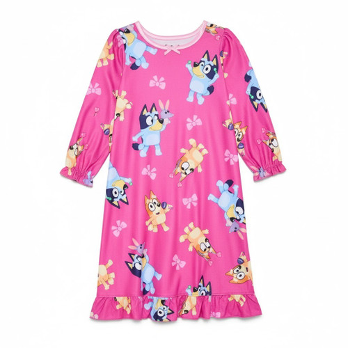 Bluey and Bingo Toddler Girl's Character Print Bright Pink Flannel Nightgown | Little Dreamers Pajamas
