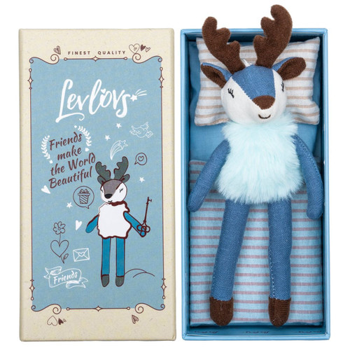 Levlovs Blue Plush Reindeer Luka in Friends Keepsake Box with Bedding