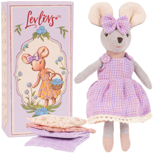 Levlovs Violet Mouse in Linen Purple Check Dress with Keepsake Box and Bedding | Little Dreamers Pajamas