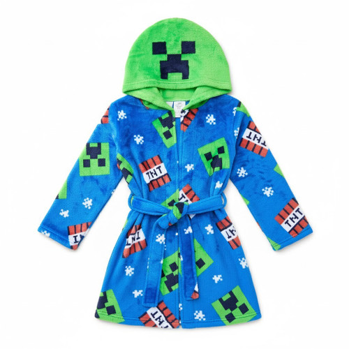 Minecraft Boy's Winter Holiday Cozy Fleece Creeper Hooded Bathrobe, Robe