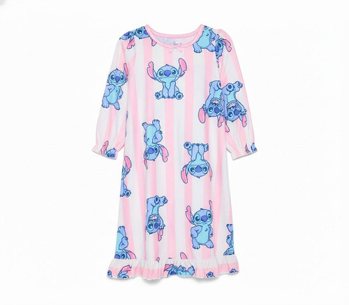 Lilo and Stitch Girl's Pink Striped Character Print Flannel Nightgown, Gown | Little Dreamers Pajamas