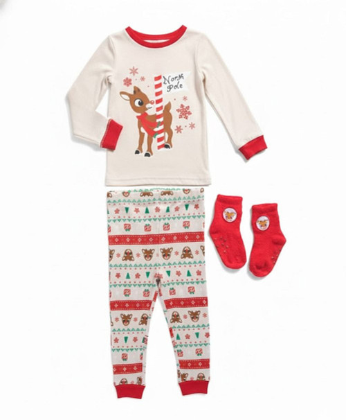 Rudolph Toddler Boy's Soft Christmas Holiday Reindeer Pajama Set with Socks | Little Dreamers Pajamas