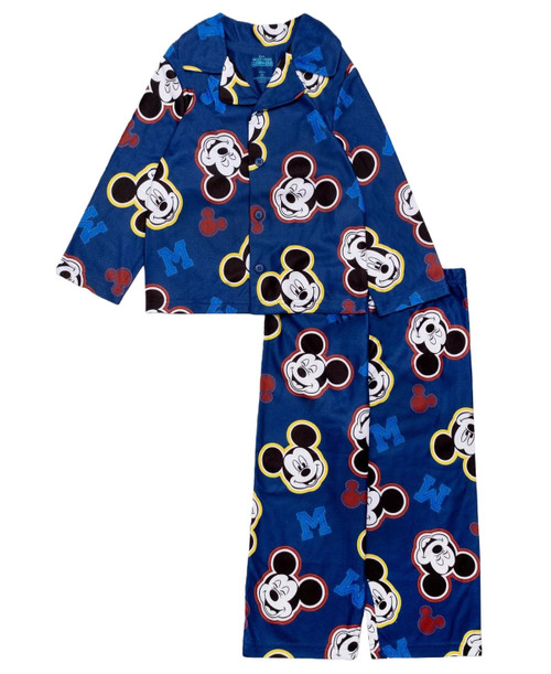 Mickey Mouse Toddler Boy's Navy Blue Character Print Flannel Coat Pajama Set | Little Dreamers Pajamas