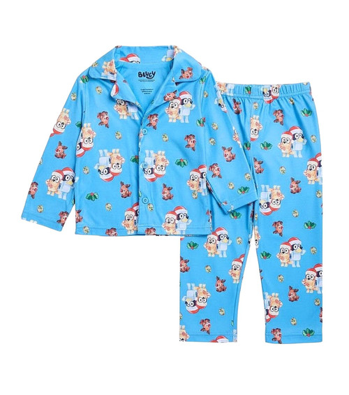 Bluey and Bingo Toddler Boy's Christmas Blue Print Flannel Coat Pajama Set