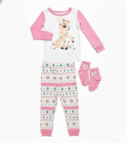 Rudolph Clarice Toddler Girl's Christmas Pajama Set with Socks, Size 18 Months