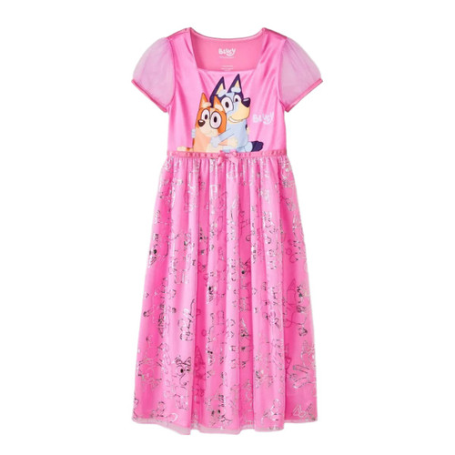 Bluey and Bingo Girl's Pink Satinet and Tulle Character Nightgown Character Gown
