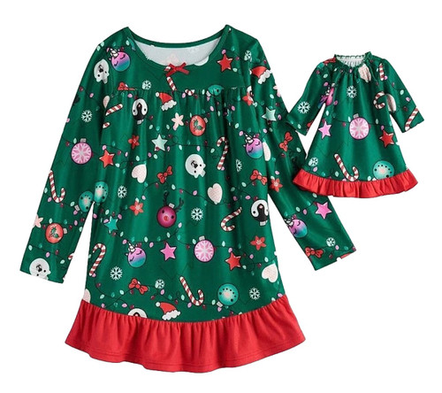 Girl's Christmas Soft Green Ornament Print Nightgown and Doll Gown, Size 7/8 | Little Dreamers Pajamas