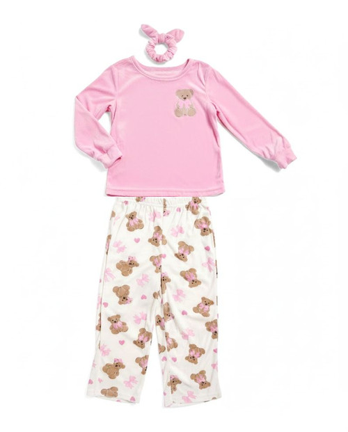 Girl's Soft Velvety Velour Fleece Pink Teddy Bear Pajama Set with Scrunchie