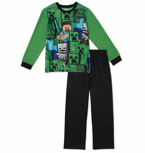 Minecraft Boy's Steve and Creeper Mob Long-Sleeved Flannel Pajama Set, Size 8