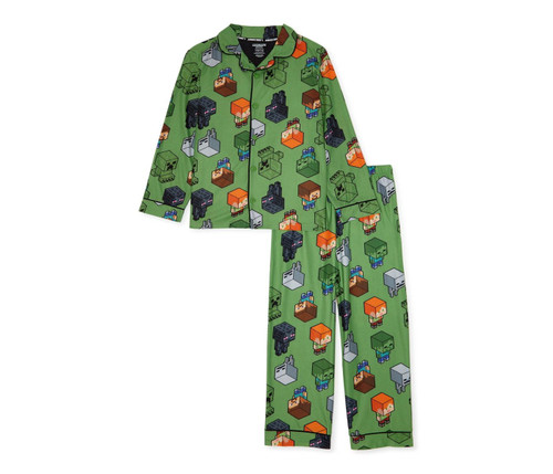 Minecraft Boy's Steve, Alex and Mob Print Green Flannel Coat Pajama Set Size 4/5