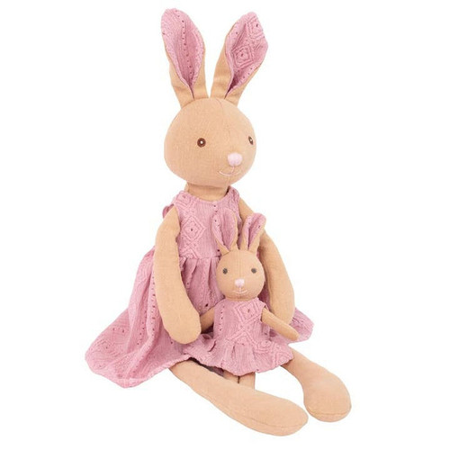 Levlovs Mom and Baby Plush Bunny Rabbit Dolls in Rose Pink Eyelet Dresses