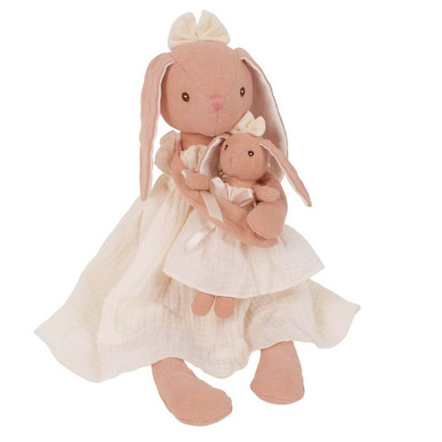 Levlovs Mom and Baby Plush Bunny Rabbit Dolls in Antique White Dresses