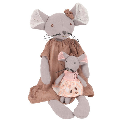 Levlovs Mom and Baby Mouse Plush Dolls in Linen and Eyelet Dresses