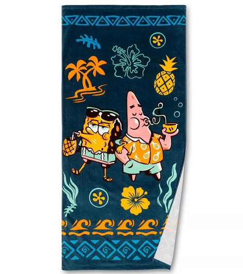 Spongebob and Patrick 'Hawaiian Vibes Soft Cotton Beach Bath Towel, 28" X 58"