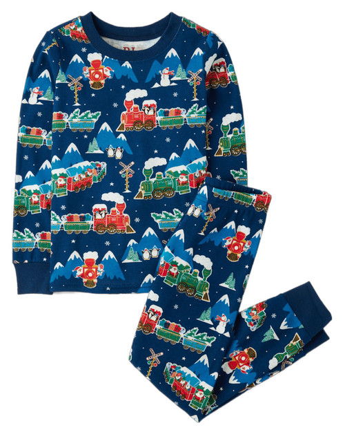 Boy's Train and Christmas Print Glow-in-the-Dark Holiday Cotton Pajama Set