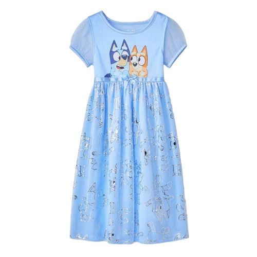 Bluey and Bingo Toddler Girl's Character Blue Satinet, Tulle Nightgown, Size 3T