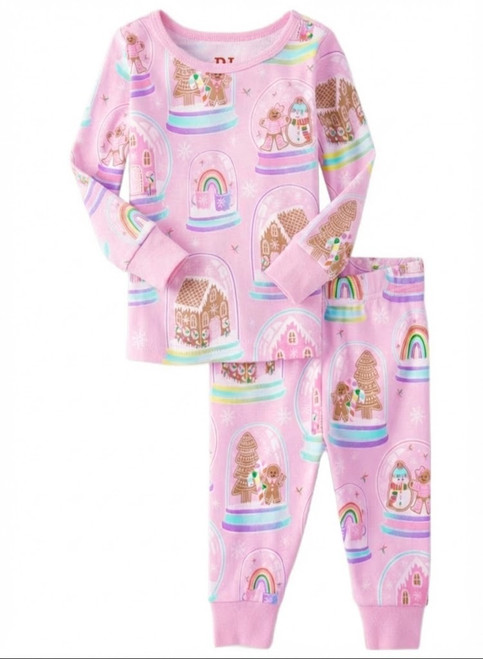 Girl's Christmas Holiday Gingerbread Snow Globes Pink Cotton Pajama Set