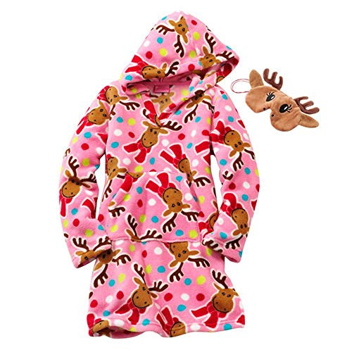 Christmas Reindeer Girl's Fleece Hooded Nightgown With Sleep Mask, Size 4 | Little Dreamers Pajamas