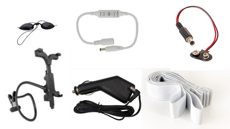 Battery clip & Mini Controller allows for full mobility
Hook and Loop straps secure the Patch to any body part.
Car Charger provides power while travelling
Holder & Goggles allows for a conversion into a Lamp
