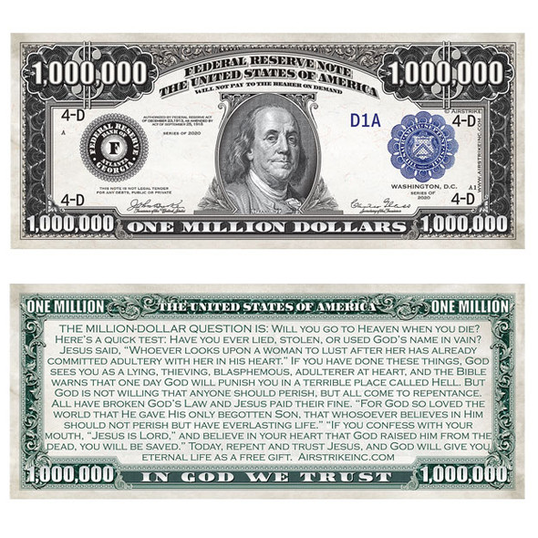 million dollar bill gospel tract front and back evangelism tool