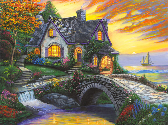 Seaside Sunset Cottage – Coastal Matted Art Print