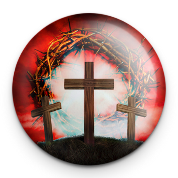 "Three Cross Crown of Thorns" - 1" Round Pinback Button