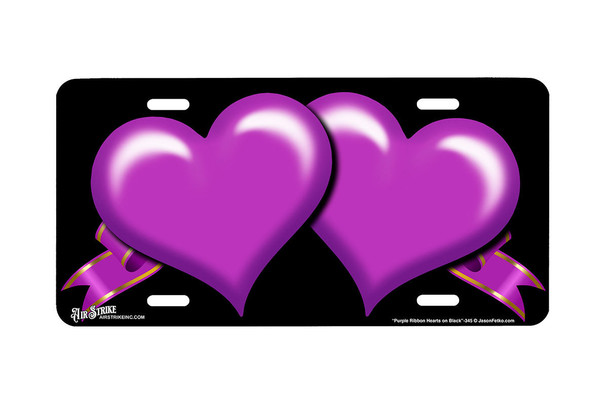 "Purple Ribbon Hearts on Black" - Decorative License Plate