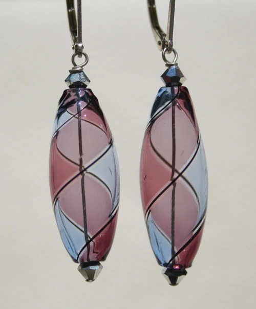 Purple and lavender olive shaped yin yang design Murano glass earrings