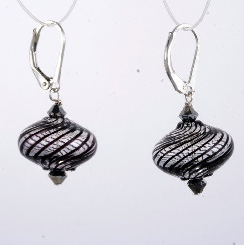 Onion shaped black and clear spiral Murano glass earrings