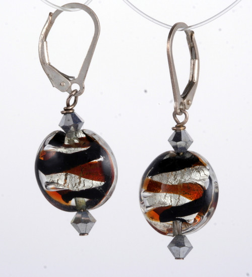 Brown and amber ribbon silver foil lined lentil earrings