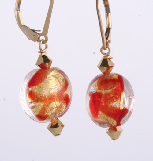 Red ribbon and gold foil lined lentil earrings