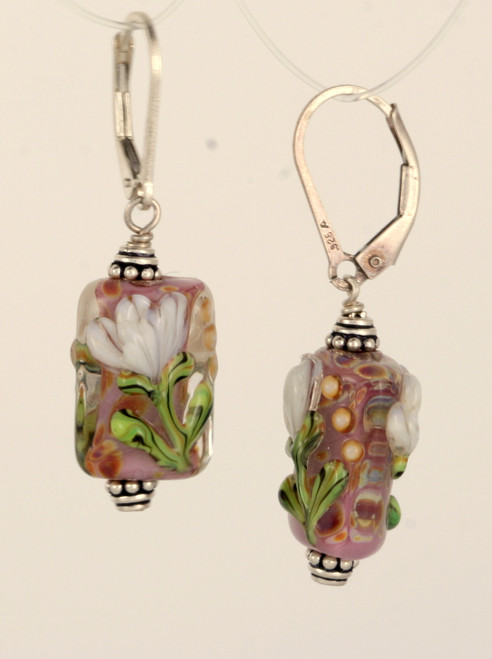 white floral lampworked rectangular earrings