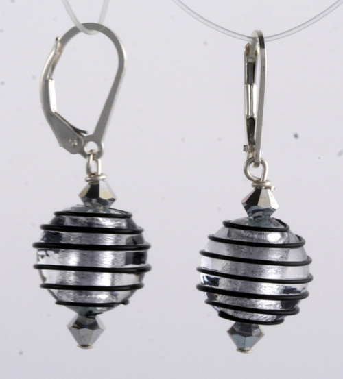 Black spiral and silver foil lined Venetian glass spherical earrings