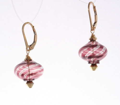 mauve, gold and clear striped onion shaped Murano glass earrings