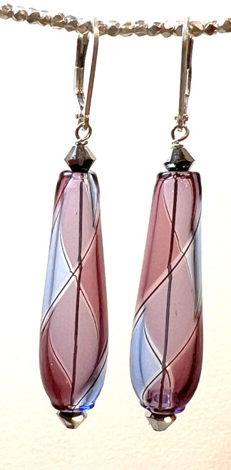 Amethyst and lavender yin yang design drop shaped Murano glass earrings