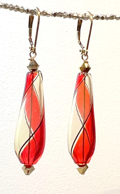 Red and honey yin yang design drop shaped Murano glass earrings