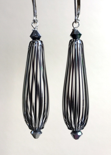 Vertical striped black and clear Murano glass drop earrings