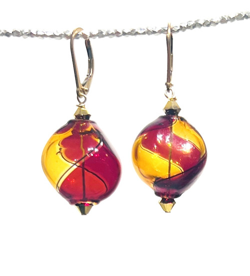 Deep red and honey Murano glass yin yang "sasso" earrings
