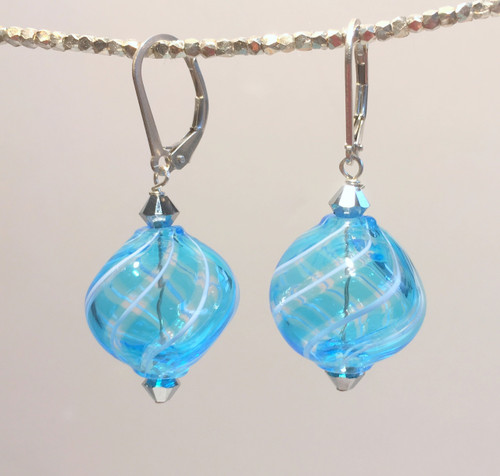 Translucent aqua and thin white striped Murano glass "sasso" earrings