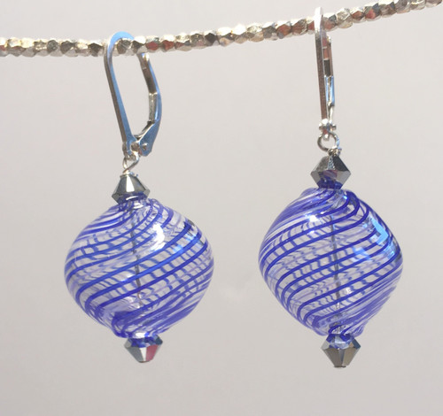 Double cobalt and thin white striped Murano glass "sasso" earrings