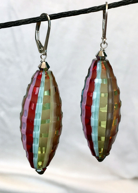 Rainbow sculpted Murano glass olive shaped earrings with silver findings
