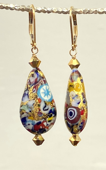 Klimt  gold foil flattened tear drop Venetian glass earrings