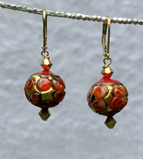Round Tomato red  Venetian glass earrings with coral roses