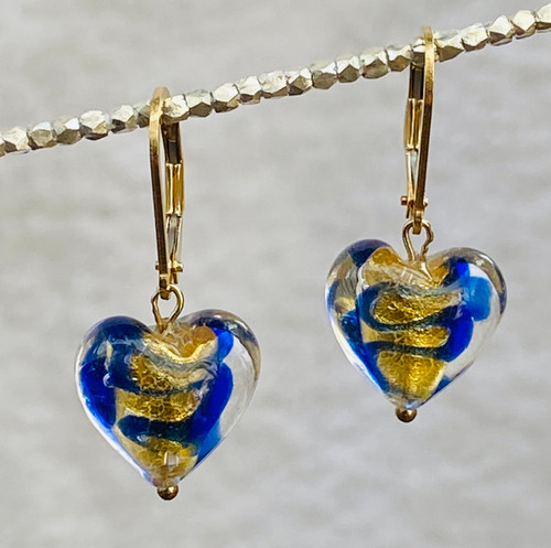 13mm cobalt ribbon over gold foil Venetian glass heart earrings