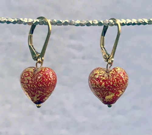12mm Tomato red over crackle gold foil Venetian glass heart earrings