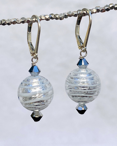 White spiral over foil lined Venetian glass spherical earrings