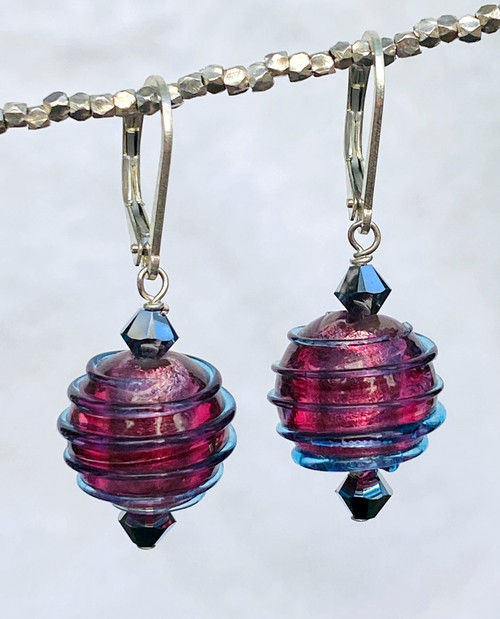 Aqua spirals over rubino silver foil lined Venetian glass spherical earrings