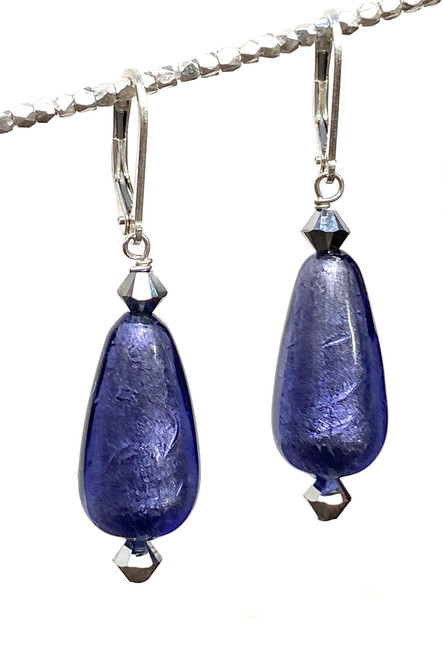 Plum blue silver foil tear drop Venetian glass earrings